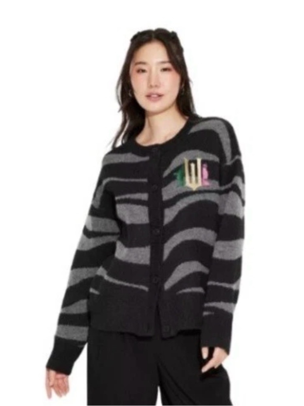 Wicked Cardigan Button Up Elphaba and Glinda Knit Size M Zebra Print Black
